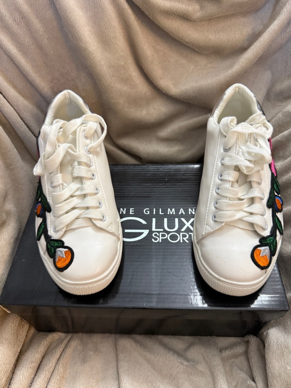 DG2 White Low-Top Sneakers with Orange Floral Embroidery